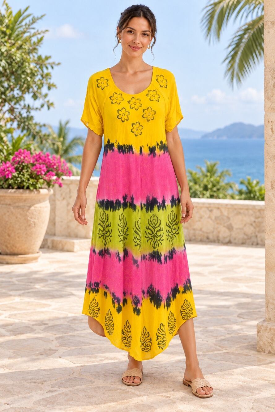Jessica Taylor One Size 100% Rayon Dress Made in India Boho Floral Pink & Yellow